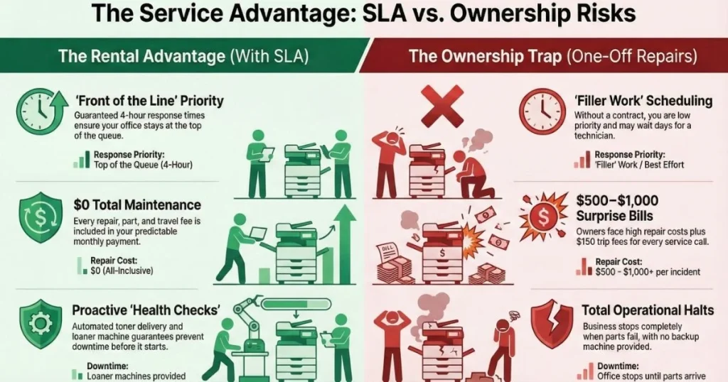 Comparison chart for Houston offices showing rental benefits like guaranteed 4-hour response times versus ownership risks like $1,000 surprise repair bills.