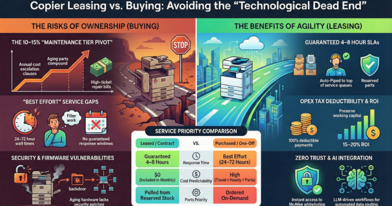 Infographic for Houston businesses comparing copier ownership risks like 24-72 hour service gaps versus leasing benefits like guaranteed 4-8 hour SLAs.