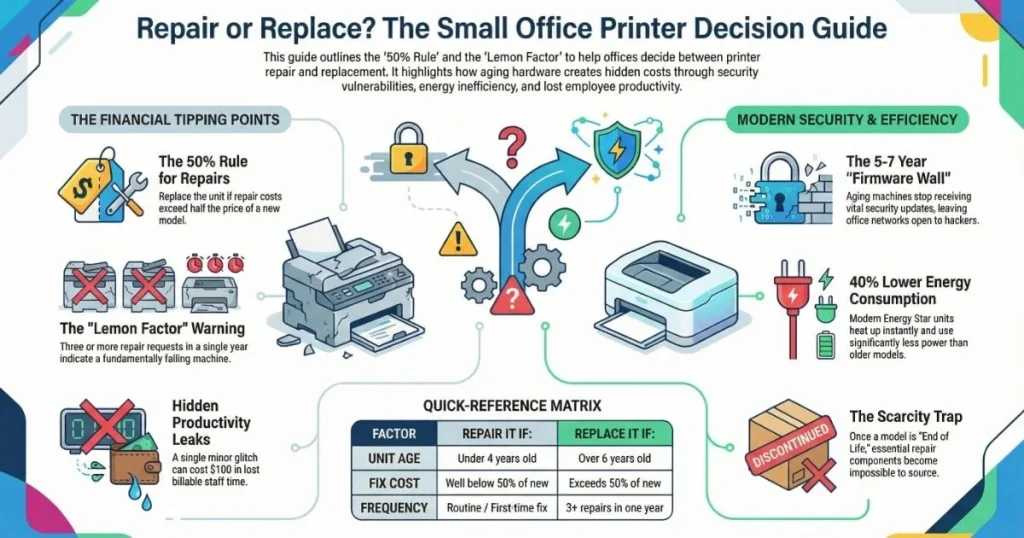 A financial tipping point matrix for Printer Repair in Houston businesses, highlighting the scarcity trap and firmware security barriers.
