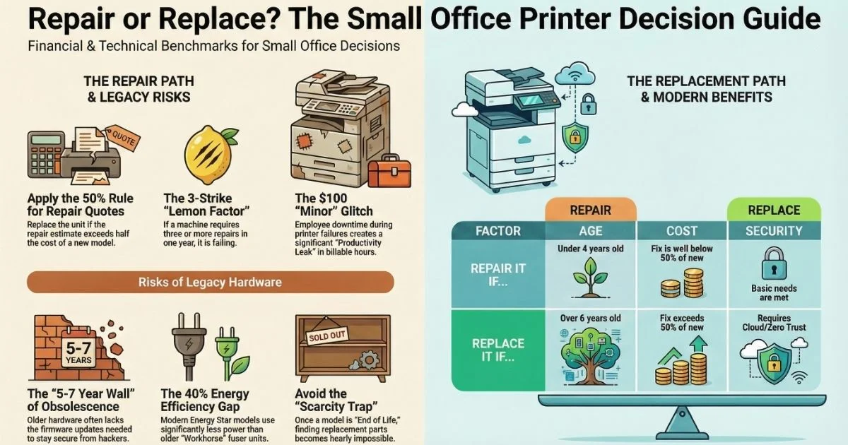 Visual guide for Houston offices deciding on Printer Repair, featuring the 50% rule, 3-strike lemon factor, and legacy hardware risks.