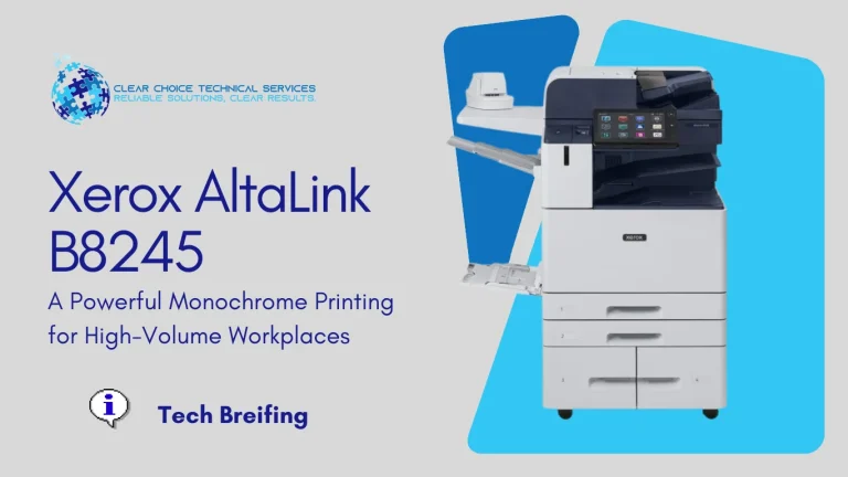 Xerox AltaLink B8245 black-and-white multifunction printer with high-capacity tandem tray and touchscreen at 2700 Post Oak Boulevard, Houston, TX.