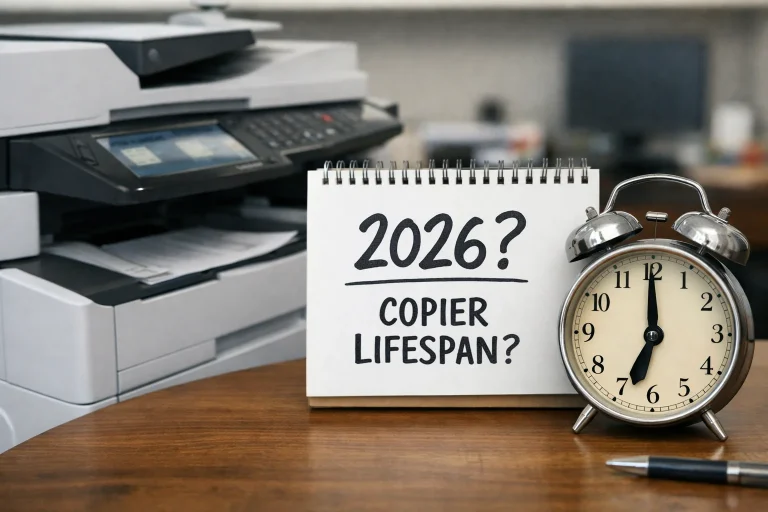 A desktop calendar and alarm clock next to an office copier questioning the average machine lifespan for Houston businesses in 2026.