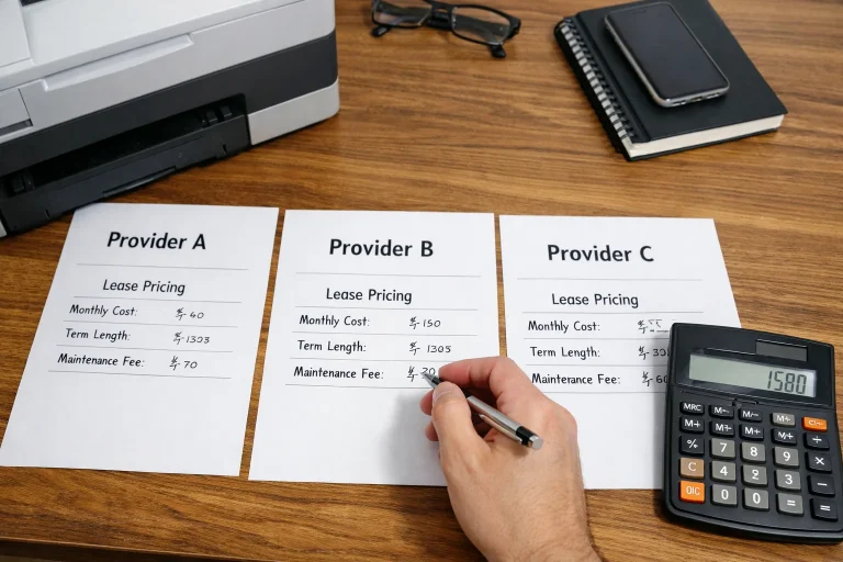 A business professional in Houston comparing copier lease pricing quotes from three different providers with a calculator and office hardware.