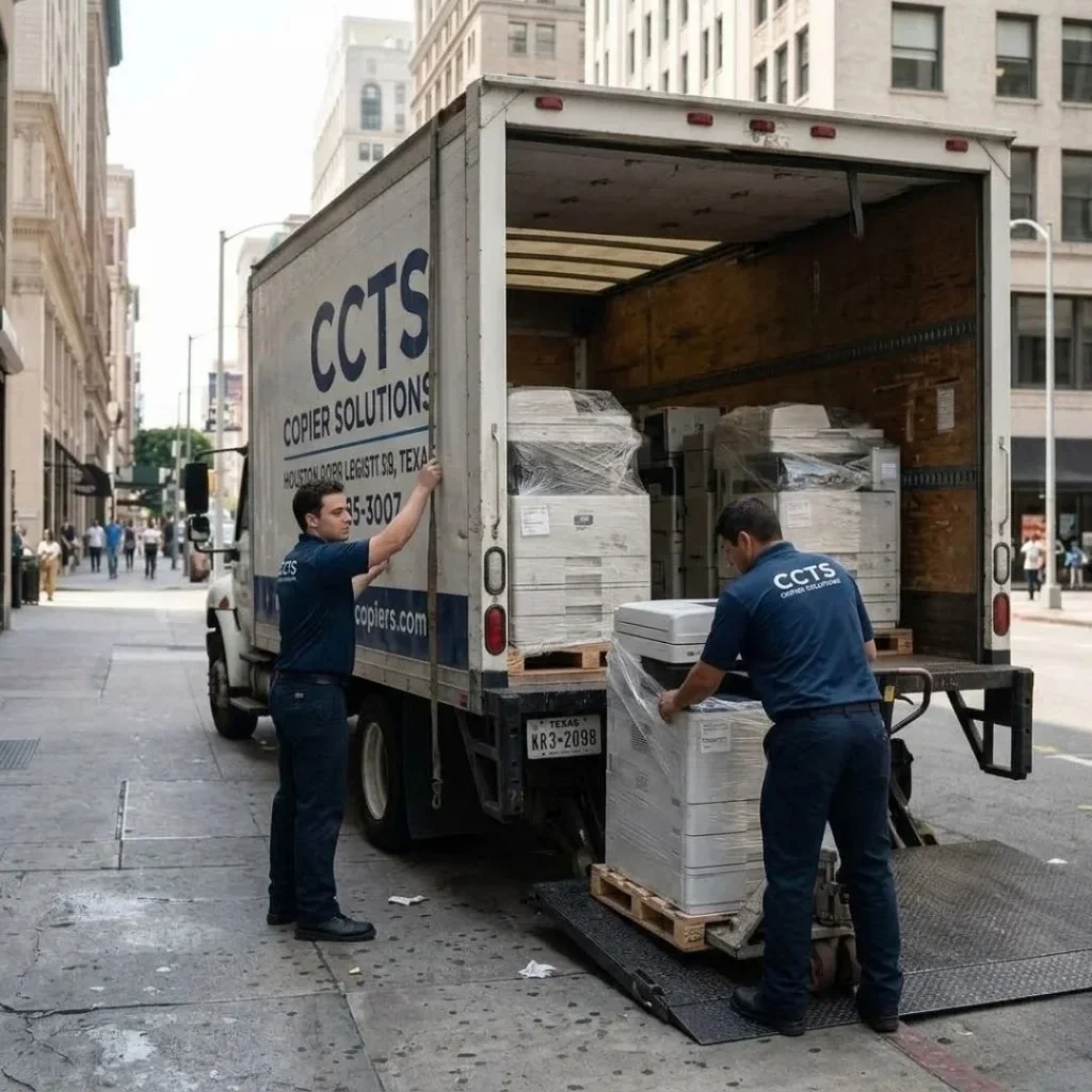Professional logistics team unloading a fleet of rented multi-function office copiers from a CCCTS truck on a Houston city street.