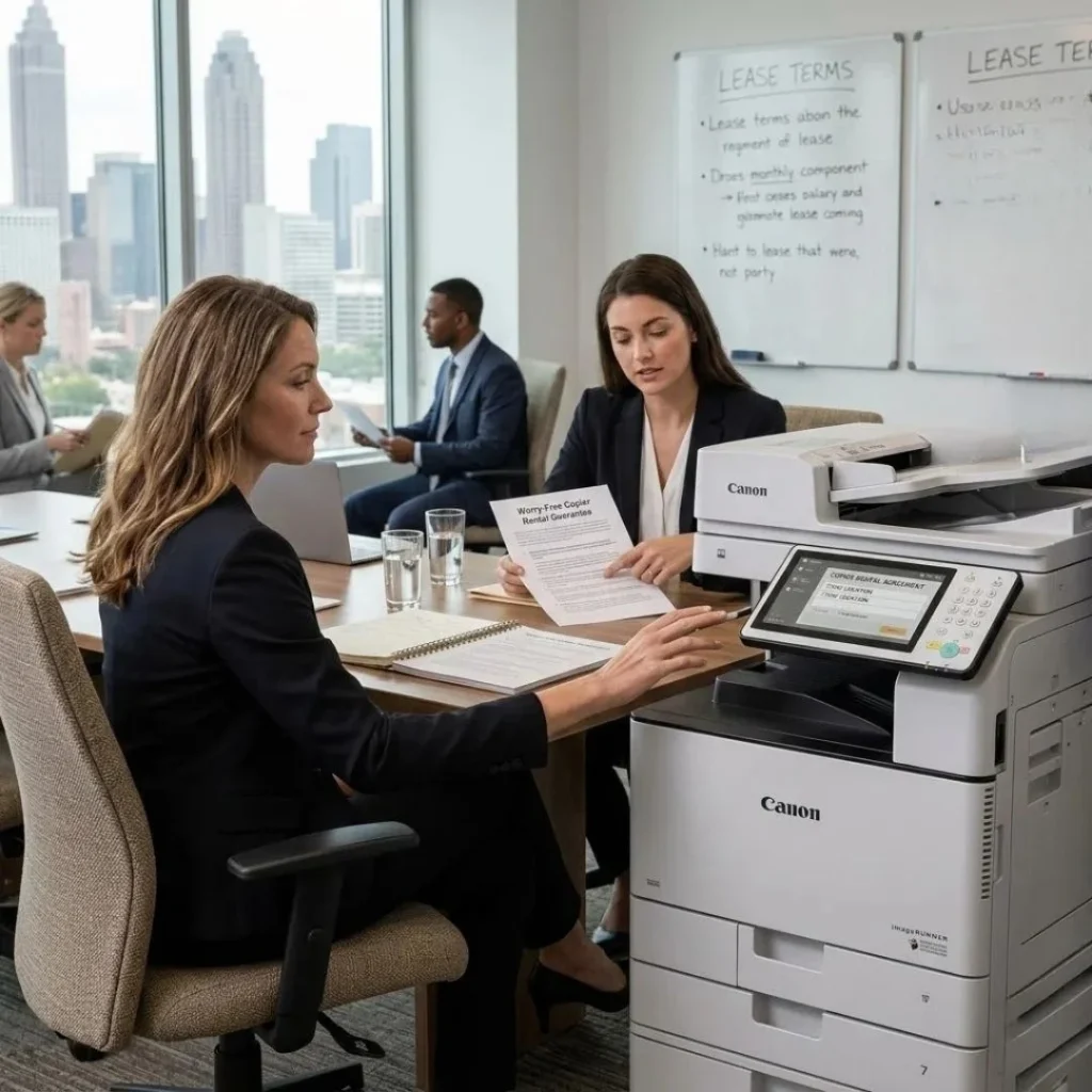 Business professionals discussing worry-free copier rental terms next to a Canon imageRUNNER in a high-rise Houston office.