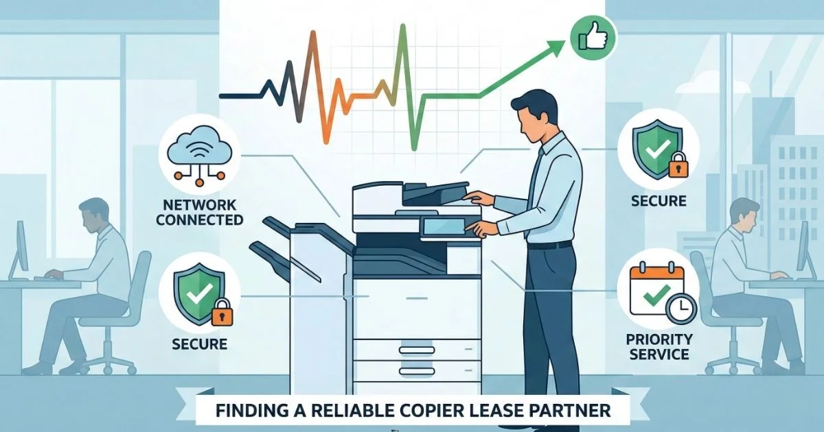 A professional technician providing a Reliable Copier Lease in Houston, featuring 4-hour SLAs, secure network connectivity, and priority service.
