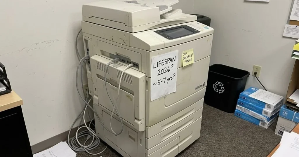 An older Xerox copier in a Houston office corner with a handwritten note regarding its 2026 lifespan and security patch requirements.