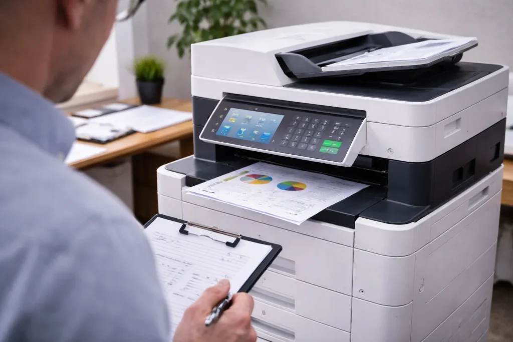An office worker at 2700 Post Oak Boulevard reviewing high-quality color charts from enterprise-grade multifunction copiers.