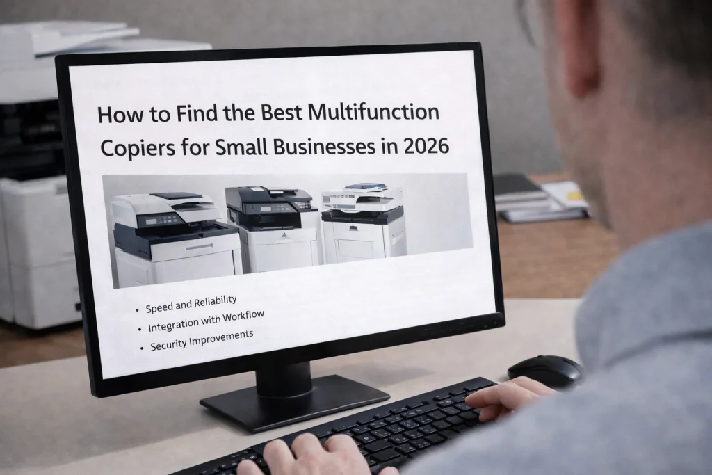 A desktop monitor in Houston displaying a guide for finding the best multifunction copiers for growing teams.