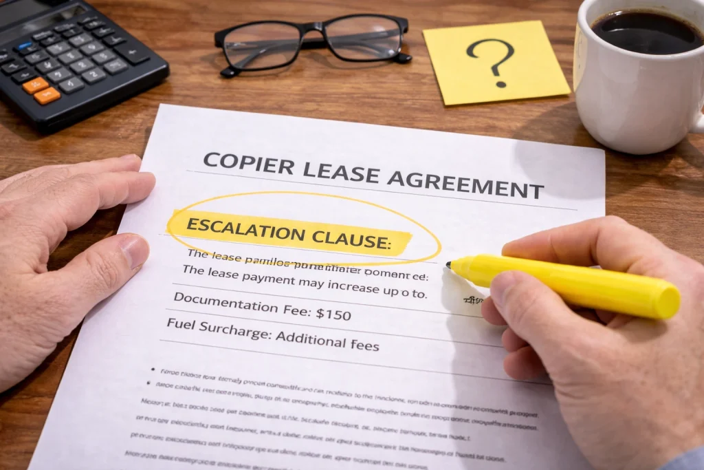 Hand highlighting a clause in a Houston Copier Lease Agreement to ensure all terms are understood.