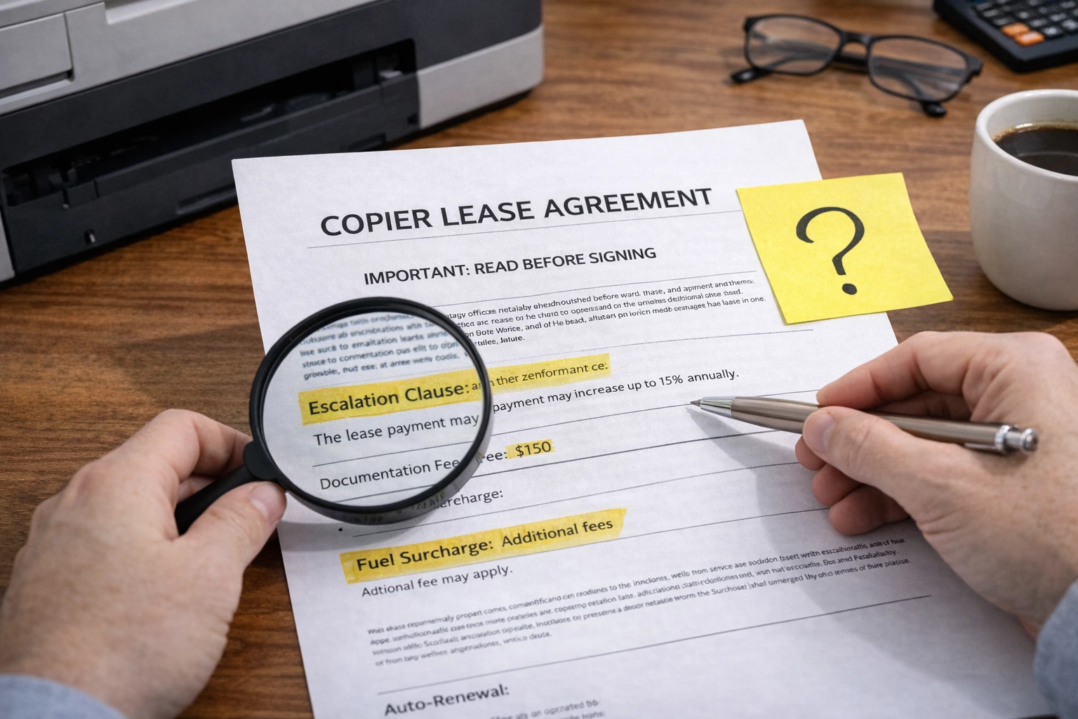 A business owner using a magnifying glass to inspect the fine print of Houston Copier Lease Agreements.