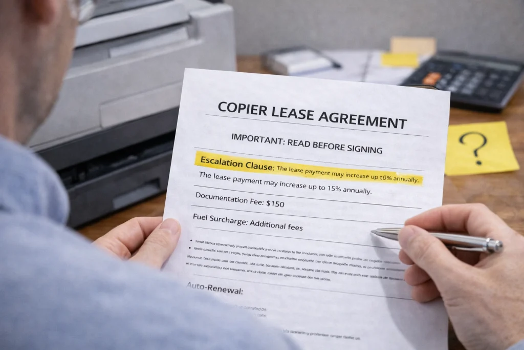 Person reviewing the "Important: Read Before Signing" section of Houston Copier Lease Agreements.